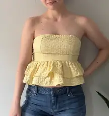 Shein Strapless Floral Jacquard Top Ruffle Peplum Tie Bow Back Butter Yellow EUC