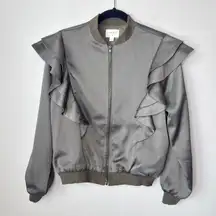 Everly Satin Shoulder Ruffle Full-Zip Bomber Jacket Army Green Size‎ Small