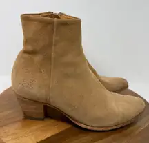 John Fluevog Milla Ankle Boots Suede Tan Side Zip Block Heel Size 6.5
