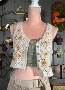 Crochet Vest Embroidered Sunflowers & Button Front by Rebellion Medium
