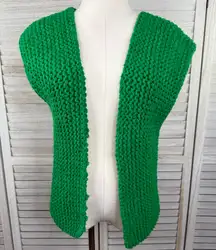 Hand Knit Crocheted Open Front Sleeveless Cardigan/ Sweater Vest Green-OS