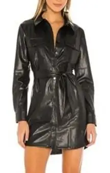 David Lerner Long Sleeve Belted Button Up Faux Leather Shirt Dress Black Small