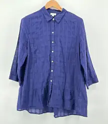 J. Jill Womens Blue Windowpane Plaid Button Front Shirt Tunic Ruffle Hem XL