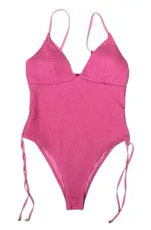 Betsey Johnson Pink Smocked One Piece Swimsuit L Ruched Sexy Retro Beach