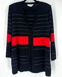 Misook Cardigan Black Red Stripe LS Open Front Sweater Medium