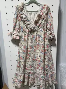 Midi coral blue and cream floral dress with lace details size medium