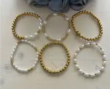 Gold Beaded Bracelet Set of 6 with‎ Pearl Accents Stretch Bracelets