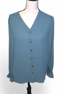 NWT Tahari Schooner Blue Long Sleeve Button Down Blouse Bell Sleeve