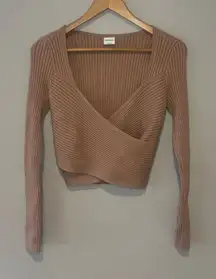 ABERCROMBIE & FITCH Soft AF Long Sleeve Faux Wrap Ribbed Sweater Light Brown Med