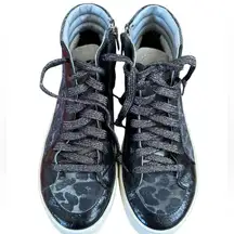 P448 SKATE HIGH TOP LEOPARD PRINT TEXTILE / LEATHER SNEAKERS SIZE 38 IN BLACK