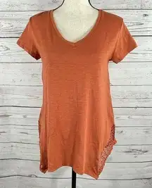 Style & Co X-Small Top Asymmetrical Hem Crochet Accent Cap Sleeve Rust V-Neck