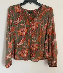 Frye Green Orange Paisley Sheer Button Down Lightweight Blouse Womens M Bohemian