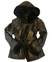 Wilsons Leather Black Fur Trim Hooded Belted Jacket Women's Size 2/4