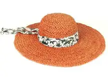 Paul Smith Women Coral Raffia Straw Sun Hat Floppy Wide Brim Silk Band Sz L Pool