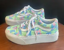 VANS Old Skool Stacked Checkerboard Floral Blue Canvas Shoes VGUC Wmn 6.5