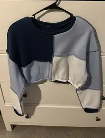 Cropped Color Block Shein Crewneck Blue Patchwork Sweater
