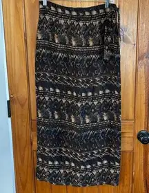 Finity Vintage Silk Midi Wrap Skirt Size 12 black brown cream tribal Aztec print