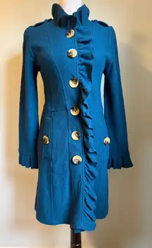 Luii Teal Blue Wool Ruffle Front jacket cardigan S boho fairy whimsi Victorian