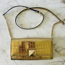 MICHAEL KORS Karla Gold Embossed Leather Clutch Chain Crossbody Bag
