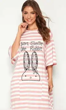 Women's Oversized Cartoon Pocket Nightgown Night Shirts (Pink/Rabbit)
