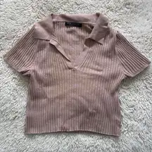 Priceless Stylish Ribbed Tan Knit Short Sleeve Top - Size L
