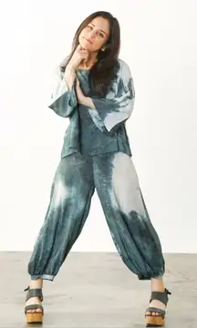 Bryn Walker LagenLook Lantern Balloon Pants Silky Black Grey Tie Dye Medium