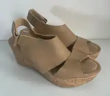 Chinese Laundry Tan Vegan‎ Leather Cork Wedge Sandals Size 9 EUC!
