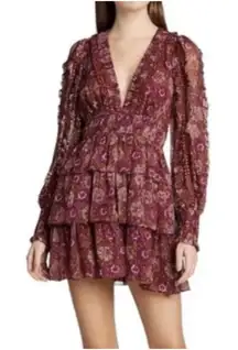 House Of Harlow Tiered 1960 Floral Mini Dress Berry Size 8 longsleeve womens