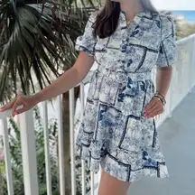 Joie Blue White Toile Printed Belted Mini Dress 10