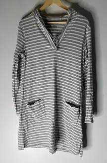 Coolibar Catalina Beach Cover Up Dress Long Sleeve Gray White Stripe M