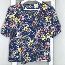 MOCI by Purple Rain Floral Print Top Short Sleeve‎ Blouse Blue Pink Yellow Large