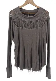 Free People Brown Thermal Lace Long Sleeve Top Distressed Womens Size‎ Small