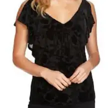State Black Floral Velvet Ruffled Slit Sleeve V Neck Pullover Blouse‎ Size XS