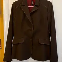 LAUNDRY BY SHELLI SEGAL BROWN JACKET TAN PIPING AROUND SEAMS/POCKETS/NECKLINE