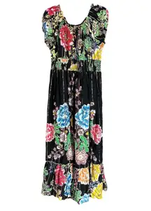 Me 2 Magic Anthropologie Maxi Dress 1X Dark Floral Metallic Tiered Smocked