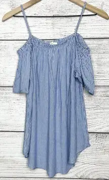 Moon Kiss Blue & White Striped Off the Shoulder Top Size Small Cold Shoulder