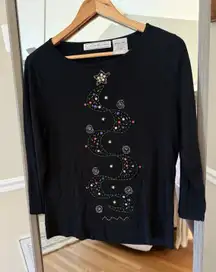 Lucia Burns - Black Tree Star Holiday Christmas Beaded Rayon Knit TOP Size XL