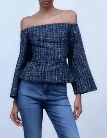Zara Womens Tweed‎ Off The Shoulder Square Neck Long Sleeve Top Blue Small NWT