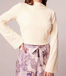 New  Cutout Back Bell Sleeve Mock Neck Crop Top Cream Size Small