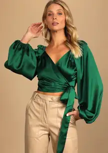 Lulu's Emerald Satin Wrap Blouse