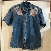 Cowgirl Western Acid Wash Vintage Shirt Embroidered Embellished Studs Floral L