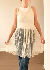 Free People Starry Night Cream Beaded Embellished Sheer Mini Dress