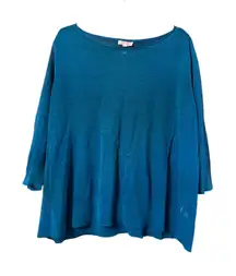 Eileen Fisher Teal Linen blend Knit Drop Shoulder Top XL Sheer 3/4 sleeve