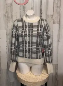 Evereve Plaid Fuzzy Knit Sweater XS Gray Cream Soft Warm Cozy