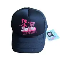 Barbie Come on "Lets Go Party"Black Pink Mesh-Back Trucker Hat Bimbo Trashy Y2K