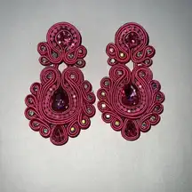 Elegant Hot Pink Fabric Earrings Crystals Stones Dangle Drop Handmade‎ Elegant