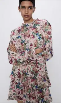 Zara Women's Long Sleeve Ruffle Floral Print Dress‎ Sz XS NWT