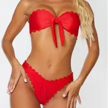 PrettyLittleThing Bikini Swimsuit PLT Red Scallop Bow 2 4 XS S New