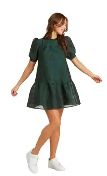 emerald green metallic puff sleeve tiered babydoll mini dress XS