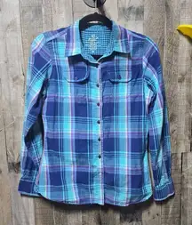 Kuhl Shirt Extra Small Blue Plaid Flannel Button Down Long Sleeve Cozy Outdoor